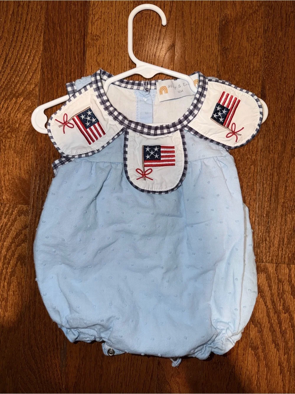 Light Blue Baby Bubble Romper with Patriotic Flag Trim